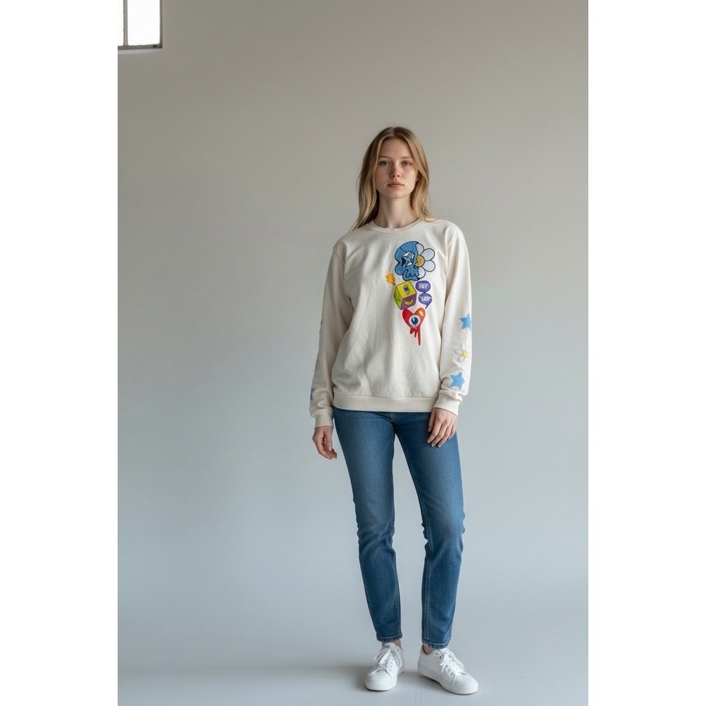 Hey Loop Embroidery Print Mens Sweatshirt  Ivory Size XL
